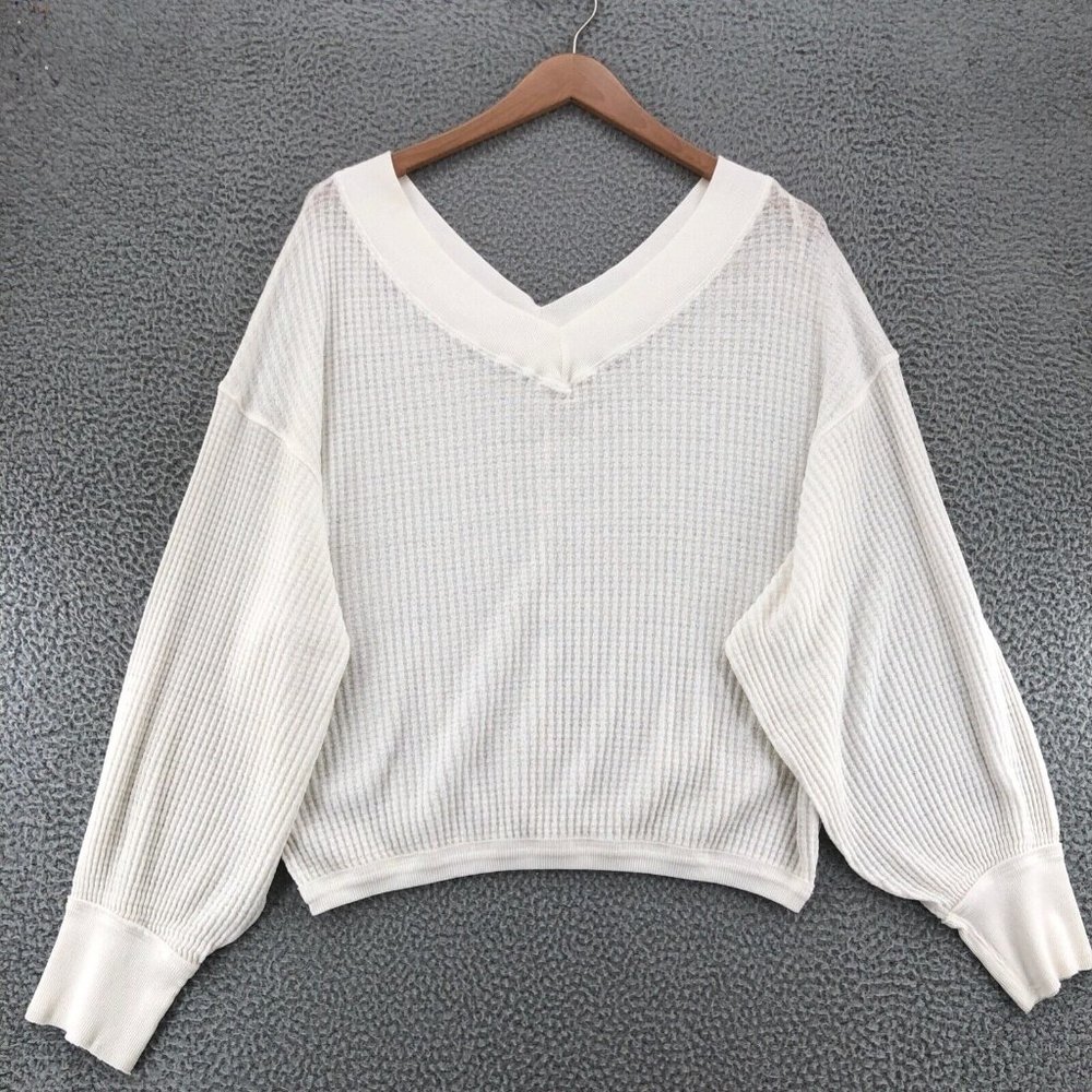 We The Free Sweater Womens Large White VNeck Long Sleeve Waffle Knit Crop Casual